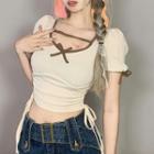 Short Sleeve Side-drawstring Bow Accent Crop Top