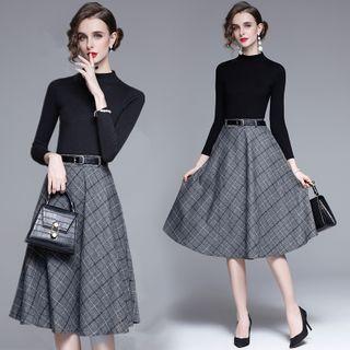 Set: Mock-neck Knit Top + Plaid Midi Skirt + Belt
