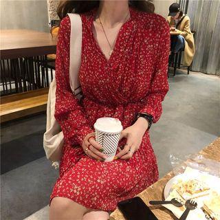 Long-sleeve Mini Floral A-line Dress As Shown In Figure - One Size