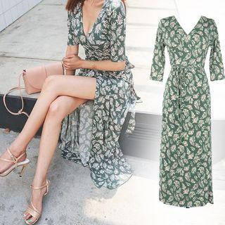 Elbow-sleeve Leaf Print Maxi Wrap Dress