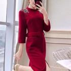 Slit Beaded 3/4-sleeve Dress