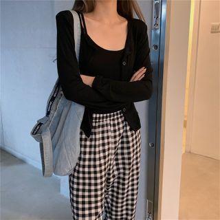 Long-sleeve Plain Top / Plaid Sweatpants