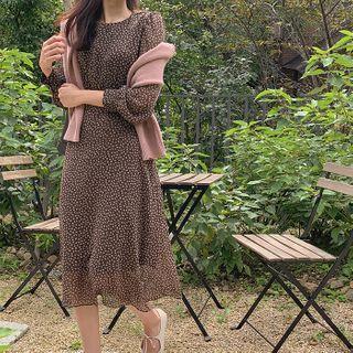 Tie-waist Floral Chiffon Long Dress Brown - One Size