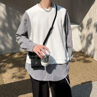 Mock Two-piece Rhinestone Houndstooth Panel Sweatshirt