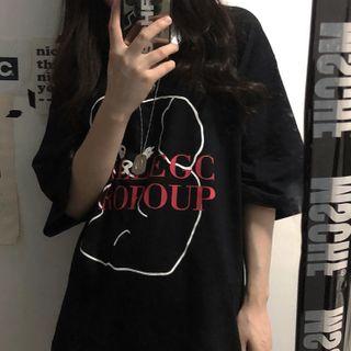 Lettering Cartoon Print Elbow-sleeve T-shirt Black - One Size