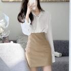 Long-sleeve Plain Shirt / High Waist Mini Pencil Skirt / Set