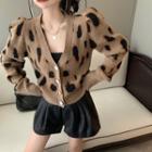 Puff-sleeve V-neck Leopard Cardigan Leopard - One Size