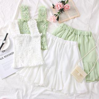 Set: Flower-accent Smocked Top + Ruffled Mini Skirt
