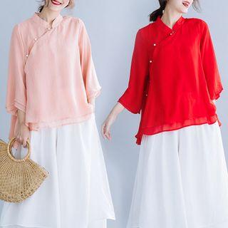 3/4-sleeve Frog-button Chiffon Top