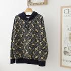 Drop-shoulder Floral Textured Hoodie Navy Blue - One Size