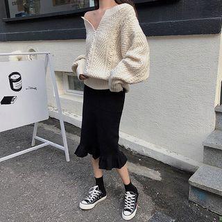 Off-shoulder Chunky Sweater / Midi Knit Mermaid Skirt