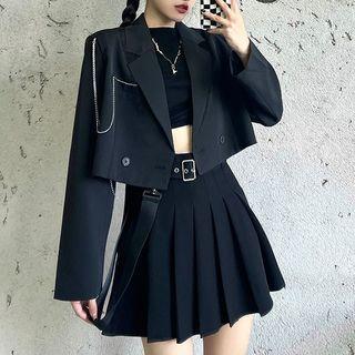 Chain Cropped Blazer / Pleated Mini A-line Skirt