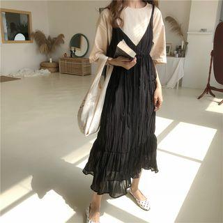Spaghetti-strap Midi Crinkle Chiffon Dress