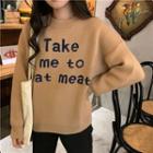 Long-sleeve Letter Printed Knit Top Khaki - One Size