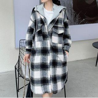 Hooded Panel Plaid Coat