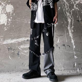 Fray Trim Panel Straight-cut Jeans