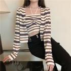 Set: Striped Cardigan + Cropped Halter Top Stripe - White - One Size