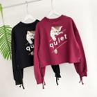Cat Print Loose-fit Batwing-sleeve Cropped Sweatshirt