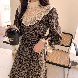 Long-sleeve Mock-neck Floral Lace Panel Midi A-line Dress