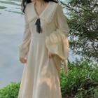 Long-sleeve Beaded Collar Knit Midi A-line Dress