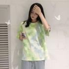 Elbow-sleeve Checkered Tie-dye Print T-shirt