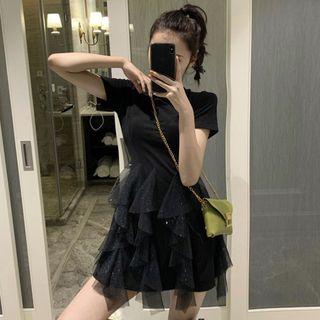 Mesh Panel Short-sleeve A-line Dress Black - One Size