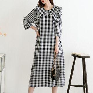 Frilled Sailor-collar Midi Gingham Dress