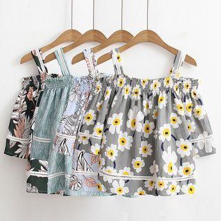 Print Open Shoulder Short-sleeve Top