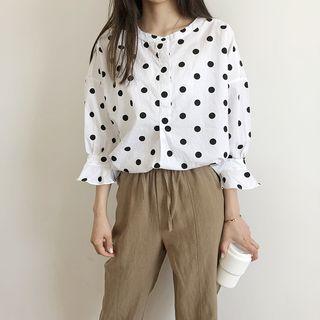 3/4-sleeve Polka Dot Frill Trim Shirt White - One Size