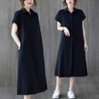 Short-sleeve Midi A-line Shirt Dress Dark Blue - One Size