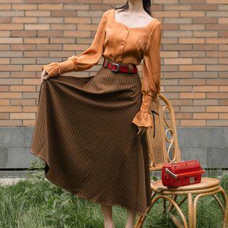 Set: Sqaure-neck Blouse + Striped Midi A-line Skirt