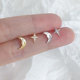 Moon & Star Rhinestone Sterling Silver Asymmetrical Earring