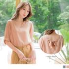 Tie-back Patterned V-neck Elbow-sleeve Chiffon Top