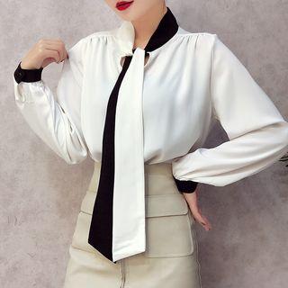 Panel Stand-collar Long-sleeve Chiffon Blouse