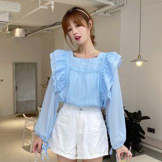 Long-sleeve Ruffled Square-neck Chiffon Top Light Blue - One Size