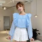 Long-sleeve Ruffled Square-neck Chiffon Top Light Blue - One Size