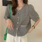 Short-sleeve Gingham Check Top Black - One Size