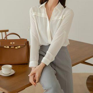 Tab-sleeve Flap Hidden-button Blouse