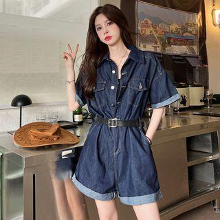 Set: Short-sleeve Denim Romper + Faux Leather Belt