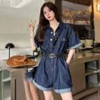 Set: Short-sleeve Denim Romper + Faux Leather Belt
