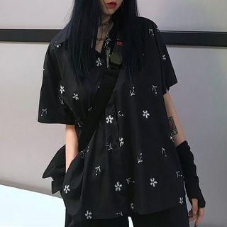 Short-sleeve Patterned Shirt Shirt - White Flowers - Black - One Size