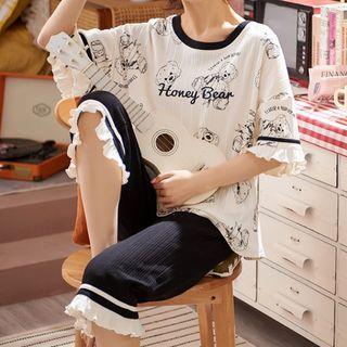 Loungewear Set : Ruffle Print Elbow-sleeve T-shirt + Pants