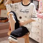 Loungewear Set : Ruffle Print Elbow-sleeve T-shirt + Pants