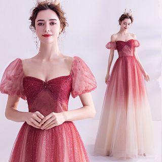 Short-sleeve Glitter Mesh Evening Gown