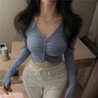 Long-sleeve Ruched Rib-knit Buttoned Crop Top