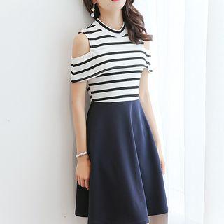 Striped Shoulder-cutout Short-sleeve A-line Dress