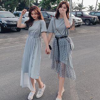 Short-sleeve Asymmetric Paneled Midi Dress