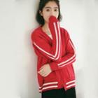 Bow-accent Long-sleeve Knit Cardigan Red - One Size