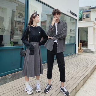 Couple Matching Plaid Midi A-line Skirt / Shirt / Plain Long-sleeve T-shirt / Cropped Straight-fit Pants