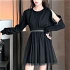 Long-sleeve Mesh Zip-detail Mini A-line Dress